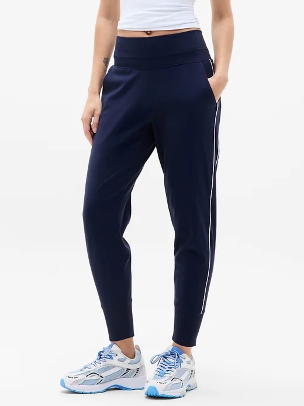 Athleta Navy Venice High Rise track Stripe Jogger (Small)